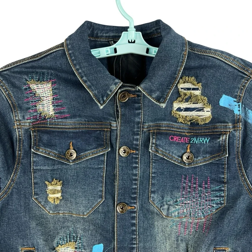 NWT Create 2MRW Men's Blue Jacket Size M Distressed Hand Painted Stretch $160.00